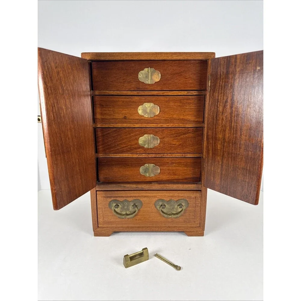 VTG Chinese wood 5 drawer Dressing case Jewelry Box 12